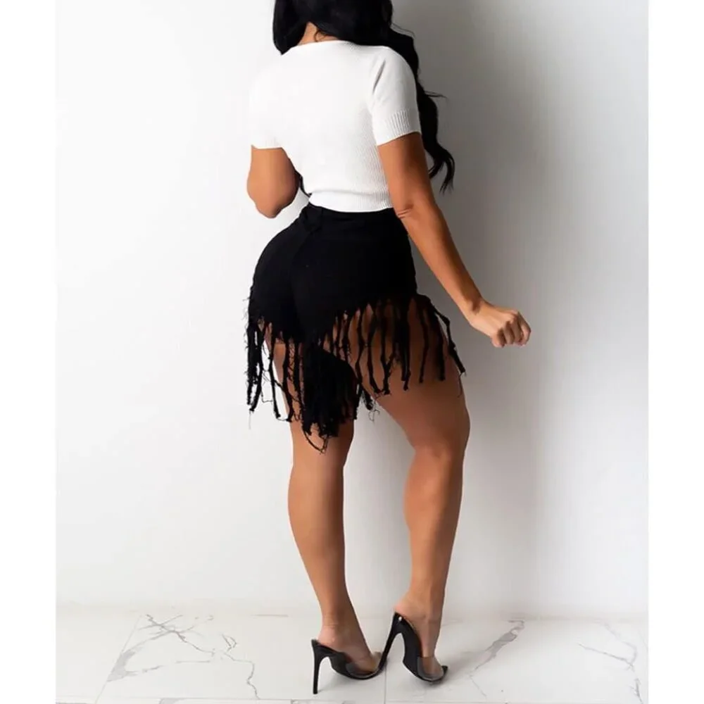 Women's Denim Shorts High Waist Frayed Ripped Tassels Casual Summer